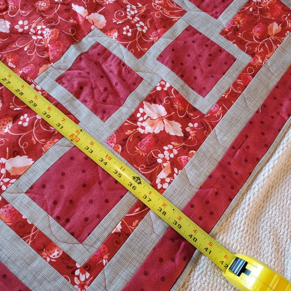 Handmade Strawberry Floral Quilted Throw Blanket Red & Tan lap quilt